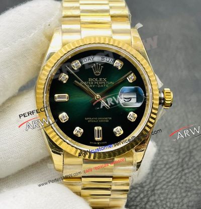 VR Factory Rolex Day Date 40 Ombre Green Diamond Face Yellow Gold 2836 Super Clone Watch